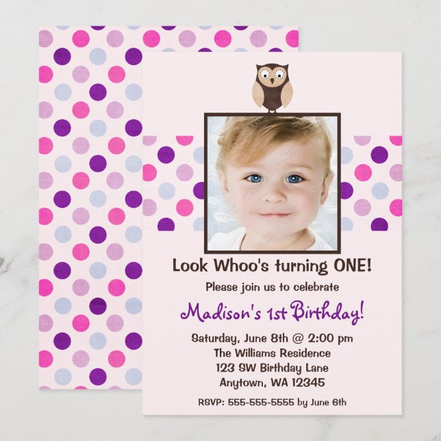 Pink Purple Owl 1st Birthday Girl Photo Invitation (Front/Back)