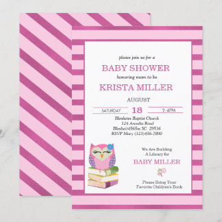 Pink Purple Owl Bring A Book Baby Shower Invitation