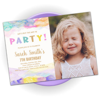 Pink Purple Paint Birthday Invitations with photo