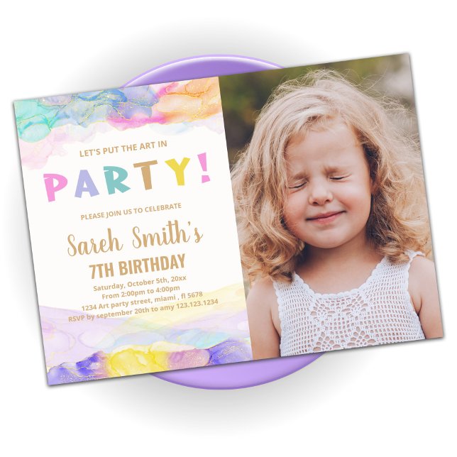 Pink Purple Paint Birthday Invitations with photo (Creator Uploaded)