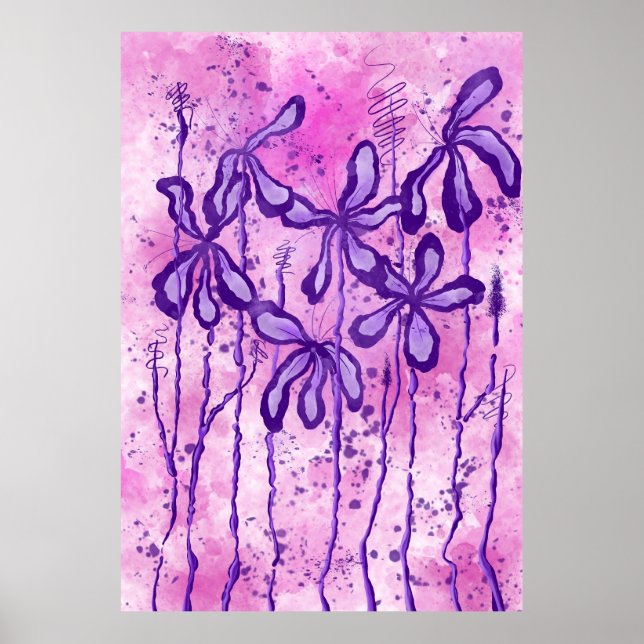 Pink / Purple Paint Splatter & Lilies Poster (Front)