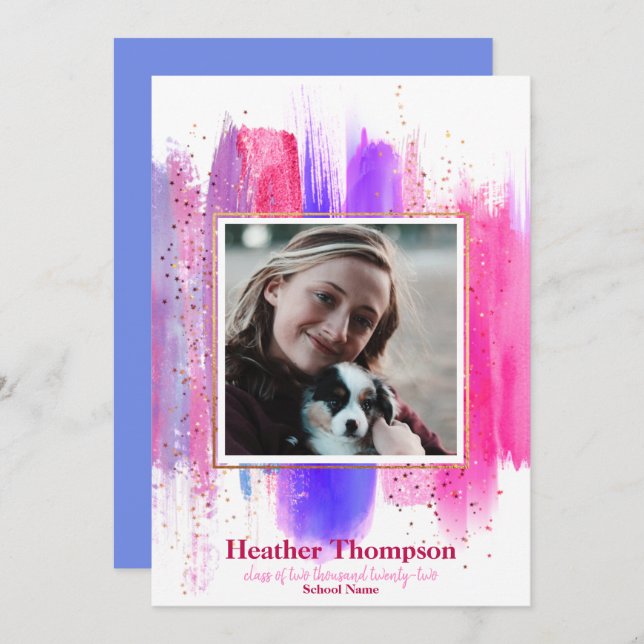 Pink & Purple Painted Glitter Sparkles Graduation  Invitation (Front/Back)