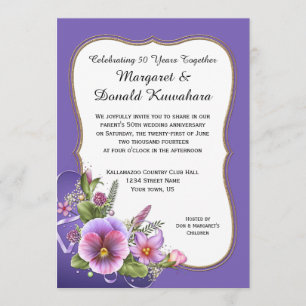 Pink Purple Pansies Gold Frame 50th Anniversary Invitation