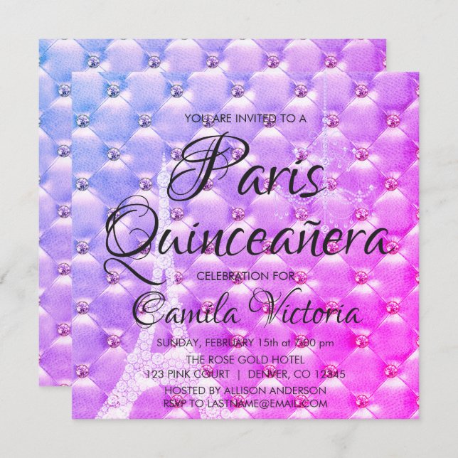Pink Purple Paris Quinceañera Celebration Invitation (Front/Back)
