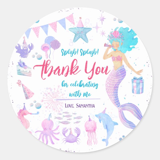 Pink Purple Party Girl Mermaid 1st Birthday Classic Round Sticker (Front)