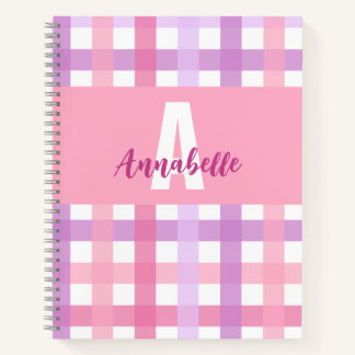 Pink Purple Pastel Monogram Gingham Pattern Notebook