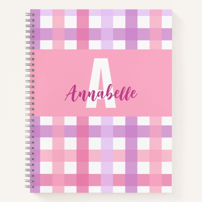 Pink Purple Pastel Monogram Gingham Pattern  Notebook (Front)