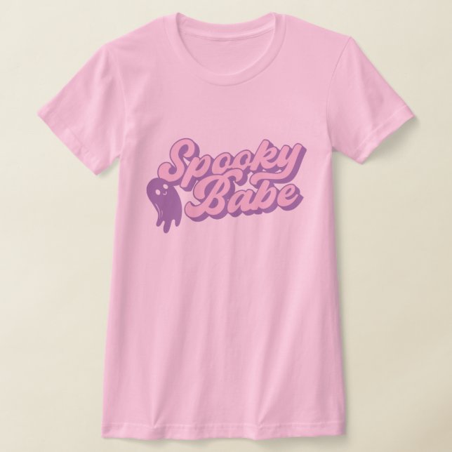 Pink & Purple Pastel Spooky Babe With Cute Ghost T-Shirt (Laydown)