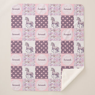 Pink Purple Patchwork Unicorn Hearts Custom Name Sherpa Blanket