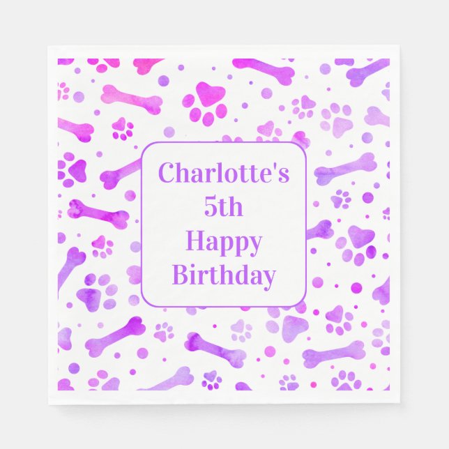 Pink Purple Paw Prints Personalised Birthday Party Napkin (Front)