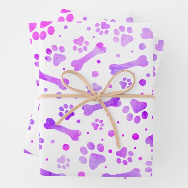 Pink Purple Paw Prints Watercolor Birthday  Wrapping Paper Sheet (In situ)
