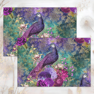 PINK PURPLE PEACOCK FLORAL COLLAGE DECOUPAGE TISSUE PAPER