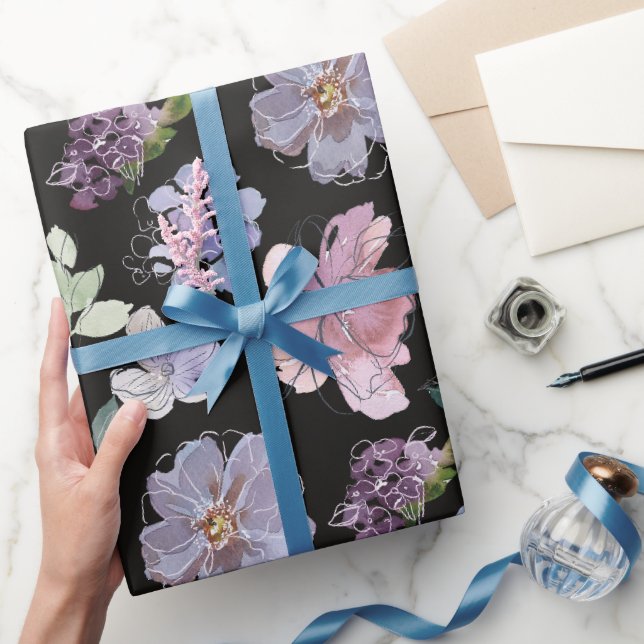 Pink Purple Petals Black Background Wrapping Paper (Gifting)
