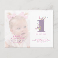 Pink & Purple Photo 1st Birthday Party Invitation