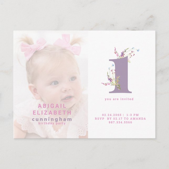Pink & Purple Photo 1st Birthday Party Invitation Postcard (Front)