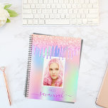 Pink purple photo name holographic planner<br><div class="desc">A rainbow coloured background in purple, pink with elegant pink and purple drips, paint dripping look. Personalise and add your own photo, name and a year. The name is written in grey with a large modern hand lettered style script with swashes. To keep the swashes only delete the sample name,...</div>