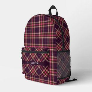 Pink & Purple Plaid Pattern Chic Add Name Vintage Printed Backpack