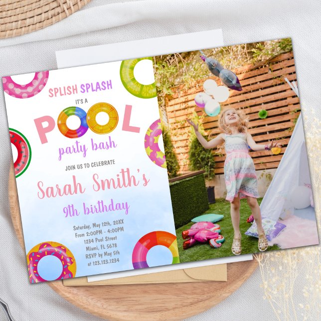 Pink Purple Pool Birthday Invitations with photo (Pink Purple Pool Birthday Invitations with photo)