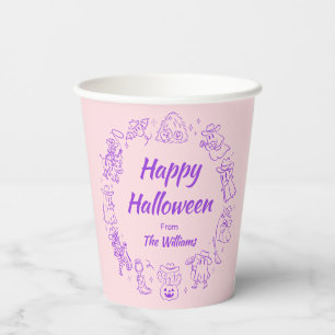 Pink Purple Quirky Hand Drawn Doodles Halloween Paper Cups