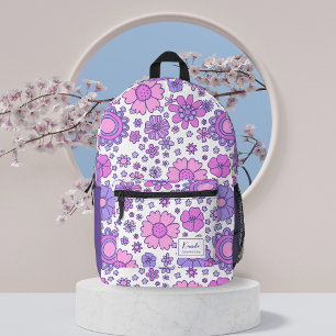 Pink & Purple Retro floral groovy Monogrammed Printed Backpack