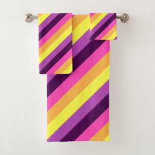 Pink Purple Retro Stripes Bath Towel Set