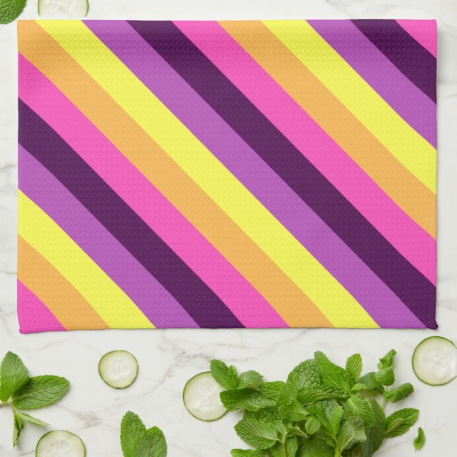 Pink Purple Retro Stripes Kitchen Towel (Folded)