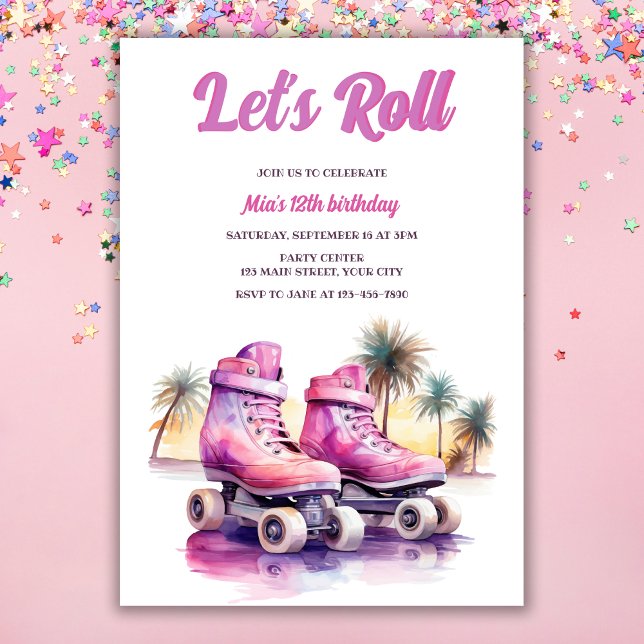 Pink Purple Roller Skate Tropical Birthday Party Invitation (Creator Uploaded)