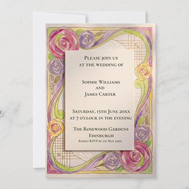 Pink Purple Rose Art Nouveau Wedding Invitation (Front)