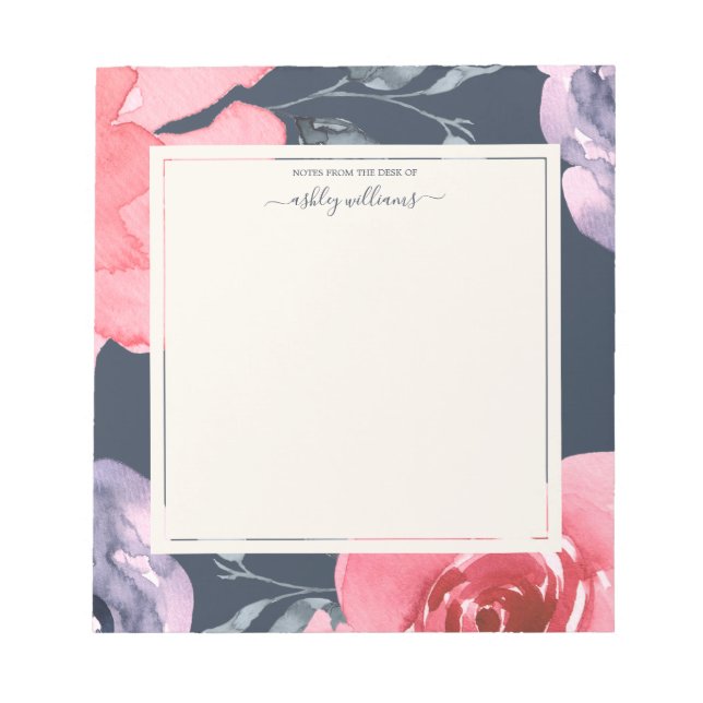 Pink Purple Rose Dark Blue Personalised Notepad (Front)