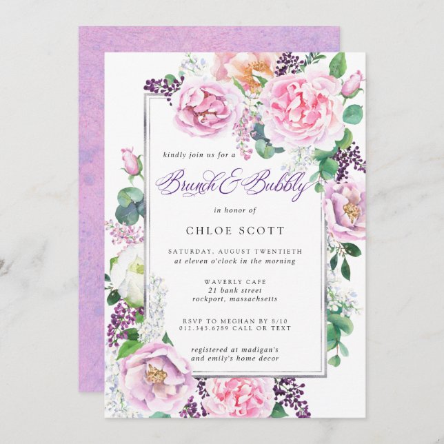 Pink Purple Rose Floral Bridal Brunch Bubbly Invitation (Front/Back)