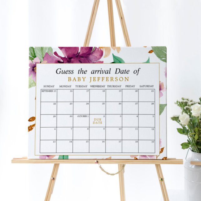 Pink & Purple Rose Floral Guess Due Date Calendar Poster (Creator Uploaded)