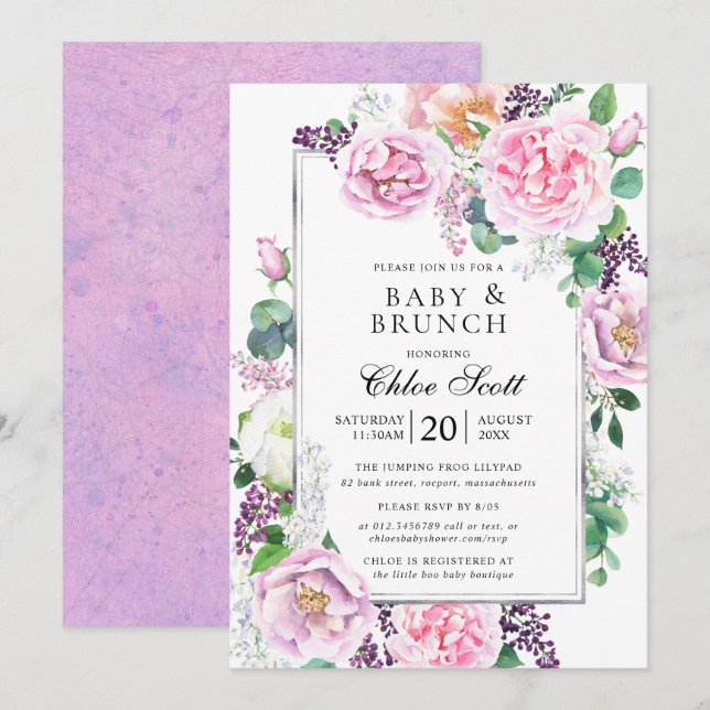 Pink Purple Rose Peony Floral Baby Brunch Invitation (Front/Back)