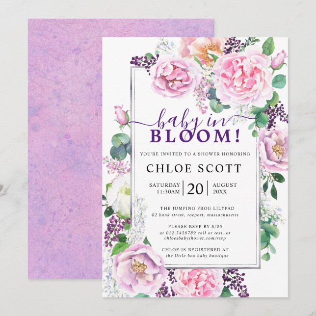 Pink Purple Rose Peony Floral Baby in Bloom Invitation (Front/Back)