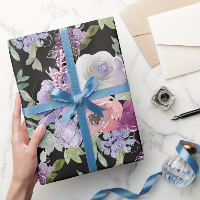 Pink Purple Roses Black Background Wrapping Paper (Gifting)