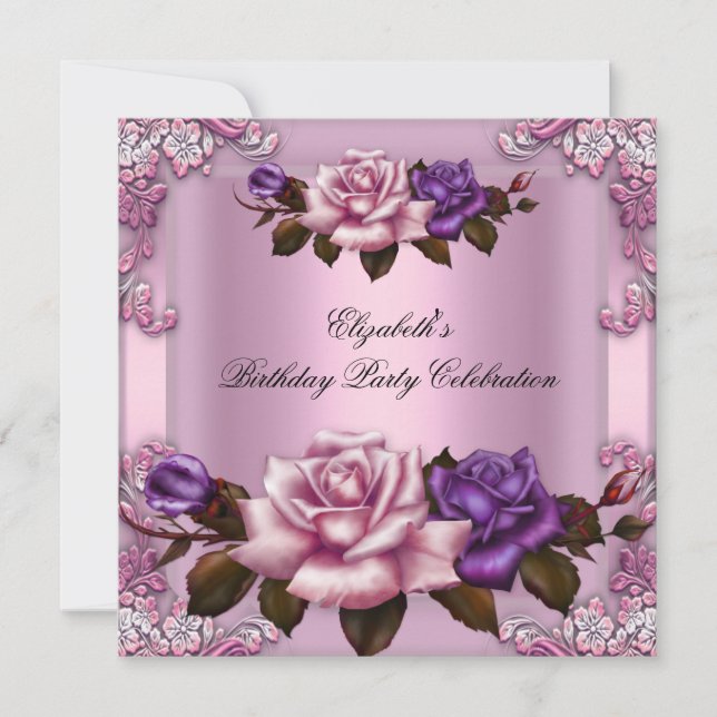 Pink Purple Roses Elegant Birthday Party 2 Invitation (Front)