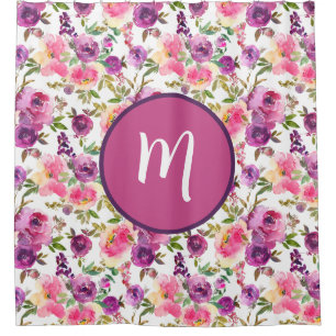 Pink Purple Roses Floral Girly Initial Monogrammed Shower Curtain