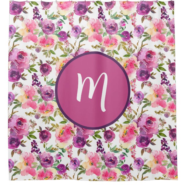 Pink Purple Roses Floral Girly Initial Monogrammed Shower Curtain (Front)