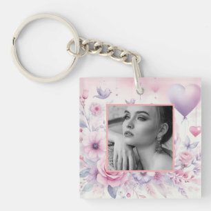 Pink purple roses hearts floral photo watercolor key ring