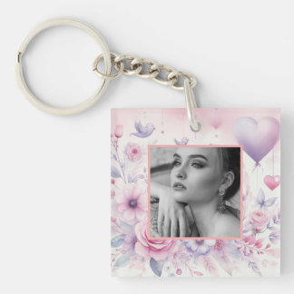 Pink purple roses hearts floral photo watercolor  key ring