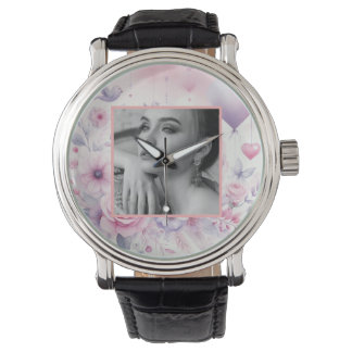 Pink purple roses hearts floral photo watercolor  watch