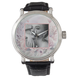 Pink purple roses hearts floral photo watercolor  watch