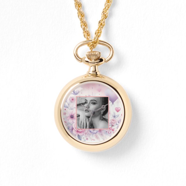 Pink purple roses hearts floral photo watercolor  watch (Front)