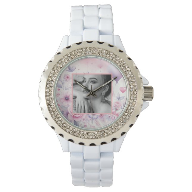 Pink purple roses hearts floral photo watercolor  watch (Front)