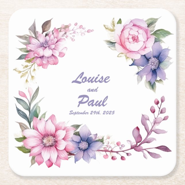 Pink & Purple Roses: Personalized Wedding Coasters (Front)