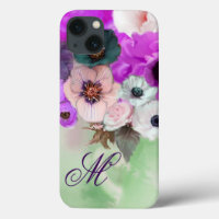 PINK PURPLE ROSES,WHITE ANEMONE FLOWERS MONOGRAM