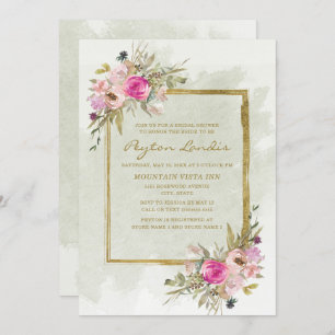 Pink Purple Sage Green Leaves Gold Bridal Shower Invitation