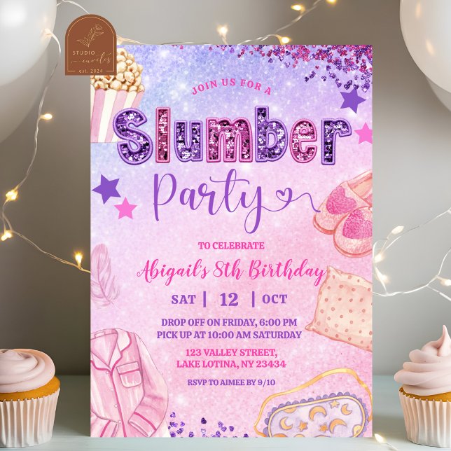 Pink Purple Sequin Slumber Party Birthday Invitation (Creator Uploaded)