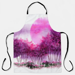 pink, purple silhouette of trees against the backg apron