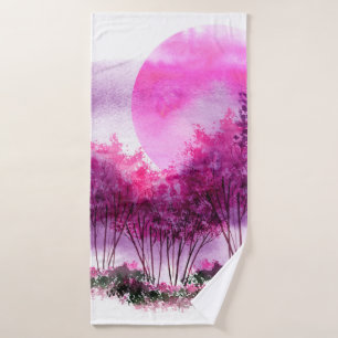 pink, purple silhouette of trees against the backg bath towel