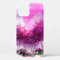 pink, purple silhouette of trees against the backg